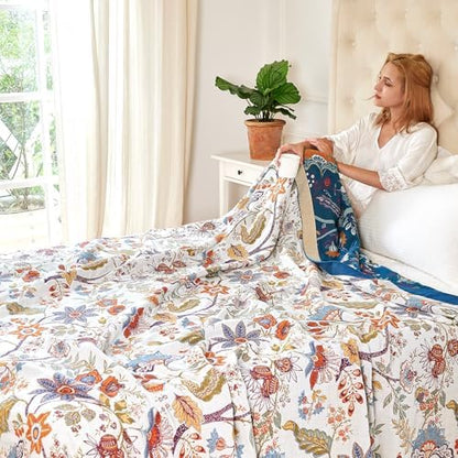 VANJOROY Boho Throw Blanket, 100% Organic Cotton Breathable Skin-Friendly Ultra Soft Bed Quilt Throw - All Season Floral Farmhouse Décor Luxury Blanket for Sofa Couch Chair and Gift. 60" x 80"