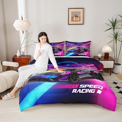 Boys Racing Car Comforter Set,Cool Speed Race Car Bedding Set Toddler Size for Kids Boys Teens Bedroom,Blue Purple Speed Dashboard Sports Cars Down Comforter,Automobile Extreme Sport Quilted Duvet