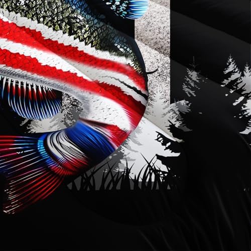 HOSIMA Soft Microfiber Black Queen Comforter Set with 2 Pillowcases,American Flag Striped Bass Pattern Bedding Sets,Fishing Comforter Kids Men Boys Room Decor,Bed in a Bag Queen Size for Teens.