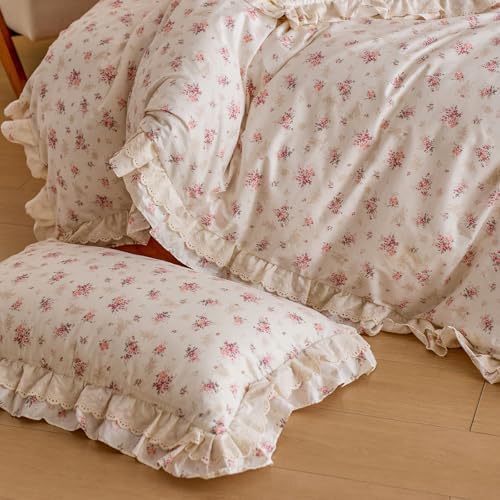 Vintage Floral Duvet Cover Set Queen, 100% Cotton Ruffle Lace Comforter Cover with 2 Pillowcases, Aesthetic Cottagecore Flower Duvet Cover with Zipper Closure, Romantic Girls Princess Bedding Set
