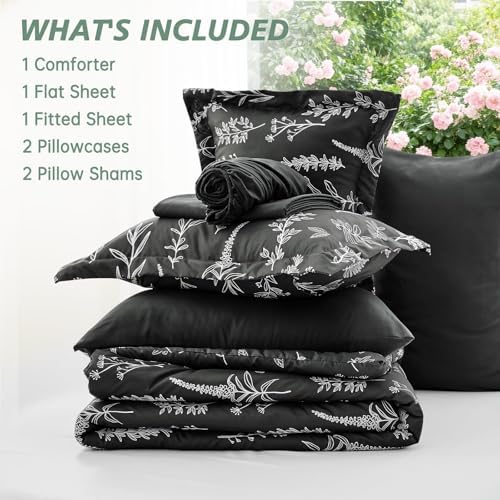 MUXHOMO Oversized King Comforter Set, Black Elegant Floral Print Bed in a Bag 7 Pieces, Ultra Soft & Breathable Reversible Botanical Pattern Bedding Set with Comforter, Sheets, Pillowcases, and Shams