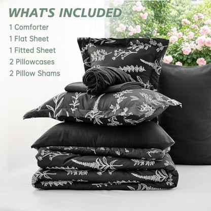 MUXHOMO Oversized King Comforter Set, Black Elegant Floral Print Bed in a Bag 7 Pieces, Ultra Soft & Breathable Reversible Botanical Pattern Bedding Set with Comforter, Sheets, Pillowcases, and Shams