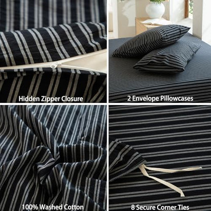 Striped Duvet Cover Set Queen Size 3 Piece 100% Washed Cotton Linen Feel Bedding Comfy Breathable Modern Farmhouse (Queen, Double Stripe-Black/White)