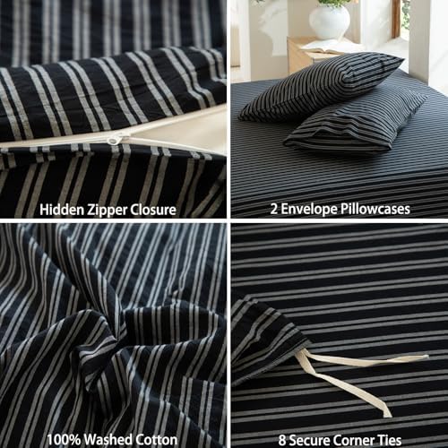 Striped Duvet Cover Set Full Size 3 Piece 100% Washed Cotton Linen Feel Bedding Comfy Breathable Modern Farmhouse (Full, Double Stripe-Black/White)