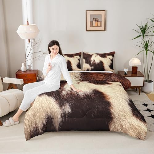 Cowhide Bedding Set King,Brown Beige White Cow Print Comforter Set Western Farm Animal Fur Down Comforter for Kids Teens Men Women Rustic Cowboy Cowhide Quilt Duvet Set 2 Pillow Cases Bedroom Decor