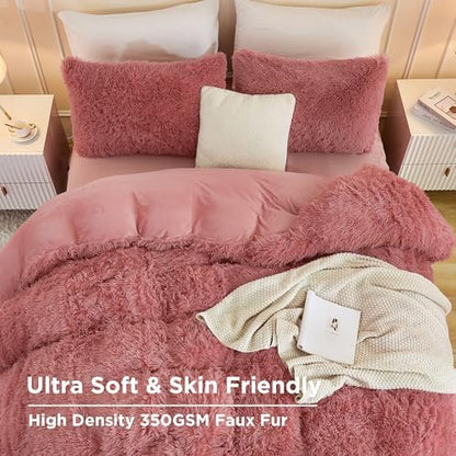 Andency Old Pink Queen Comforter Set, Fluffy Faux Fur Warm Bedding Set