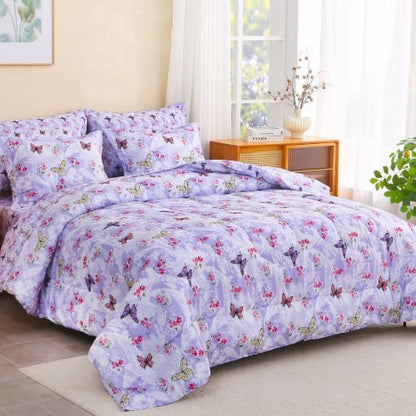 lasoftan Floral Queen Comforter Set with Sheets, 7 piece Luxury Vintage Bedding, Soft Microfiber Bed in a Bag, Cozy Lightweight Bed Set, Lavender Butterfly