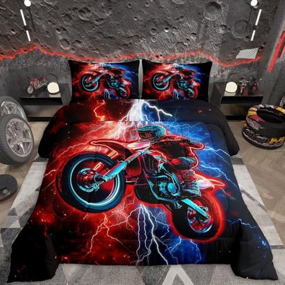 Feelyou Red Racing Motocross Rider Kids Bedding Set,Boys Girls King Size,Dirt Bike Comforter Set,Red and Blue LightningUltra Soft Duvet Quilt,Extreme Sports Comforter Motorbike Bedroom Decor