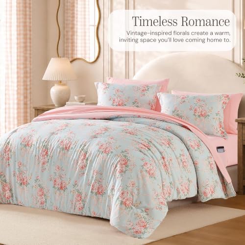 BLOOMHAVEN Twin XL Comforter Set-5 Pieces Blue Floral Bed in a Bag