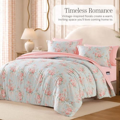 BLOOMHAVEN Queen Comforter Set-7 Pieces Blue Floral Bed in a Bag Queen