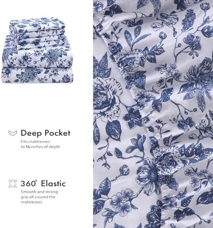 RUVANTI 100% Cotton California King Sheet Set, Percale Sheets, Wild Flower