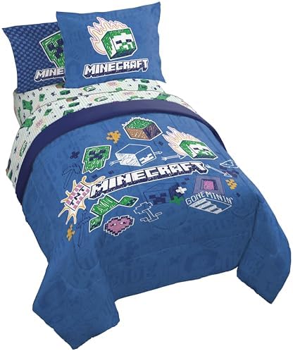Minecraft Creeper Full Size Comforter Set 7 Piece Kids Bedding, Blue