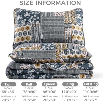 Mybedsoul Boho Quilt King Size, Patchwork Floral Bedding Set, Dark Grey