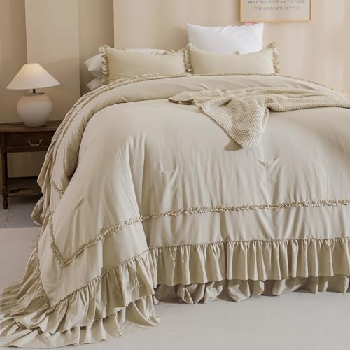 Masaca 120x120 Oversized Comforter King Size,Farmhouse Shabby Boho Chic Ruffle California King Bed Comforter Set French Country Rustic Bedding 3PCS (1 Ruffled Comforter+2 Pillow Shams)
