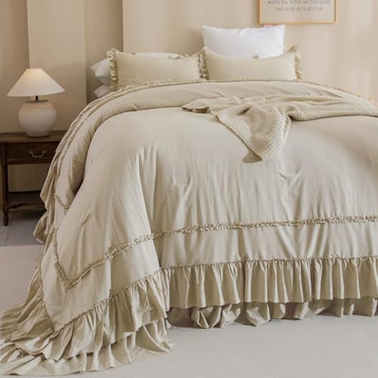 Masaca 120x120 Oversized Comforter King Size,Farmhouse Shabby Boho Chic Ruffle California King Bed Comforter Set French Country Rustic Bedding 3PCS (1 Ruffled Comforter+2 Pillow Shams)