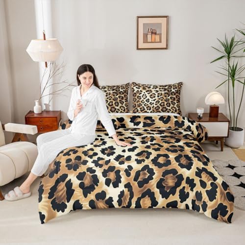 jejeloiu Leopard Comforter Set All Season Animal Skin Bedding Set with 2 Pillow Cases Animal Print Microfiber Kids Full Bedclothes Bedroom Decor Duvet Quilt Breathable Soft Lightweight