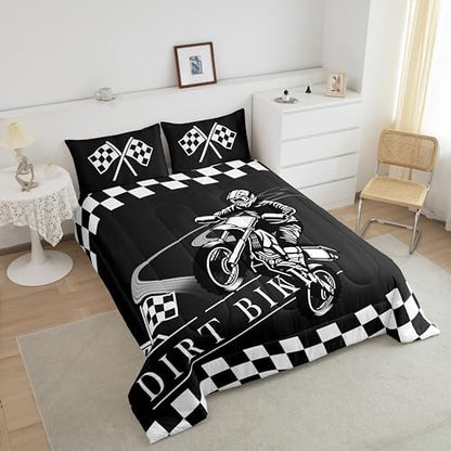 Erosebridal Boys Comforter King Dirt Bike Bedding Set, Extreme Sport Down Comforter Teens Adults Motocross Bed Set, Black White Grid Quilted Duvet, Black Reversible 3pcs Breathable