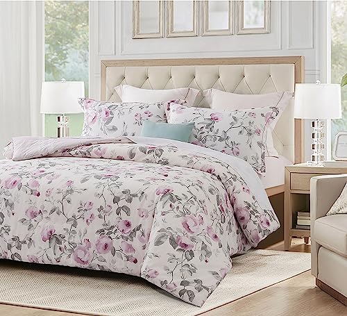 SLEEPBELLA Comforter Queen Size, 600 Thread Count Cotton White Print with Purple Flowers Reversible Comforter Sets, Down Alternative Bedding Set 3Pcs(Queen, Purple Floral)