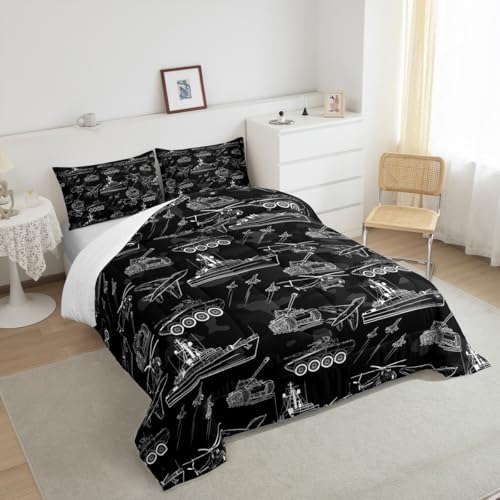 Manfei War Theme Comforter Set Twin Size, Aircraft Tank Ship Down Comforter with 1 Pillowcase, Black Army Camouflage Bedding Set 2pcs for Kids Boys Teen Bedroom Decor Lightweight Duvet Insert