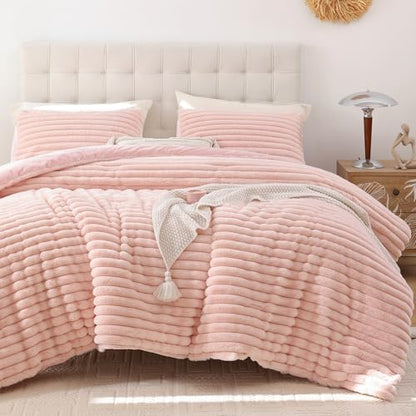 Smoofy Fluffy Queen Size Comforter 3 PCS - Blush Pink Fleece Bedding Set