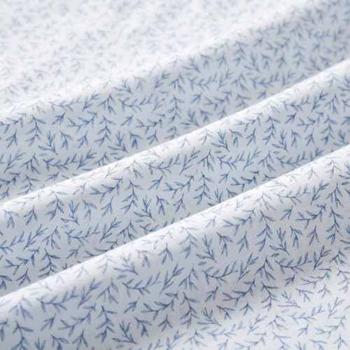 Martha Stewart - Twin Sheet Set with Fitted Sheet & Pillowcase, Cotton Percale Bedding with a Smooth Feel, Deep Pocket, Leaves Blue