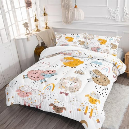 Nttopship Cute Cartoon Sheep Comforter Set Full Size,100% Soft Ultra-Fine Fiber Four Season Cloud Rainbow Comforter Set for Kids with 1 Comforter and 2 Pillow Case