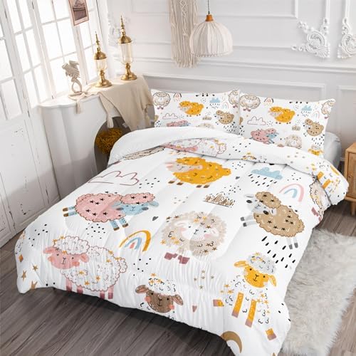 Nttopship Cute Cartoon Sheep Comforter Set King Size,100% Soft Ultra-Fine Fiber Four Season Cloud Rainbow Comforter Set for Kids with 1 Comforter and 2 Pillow Case