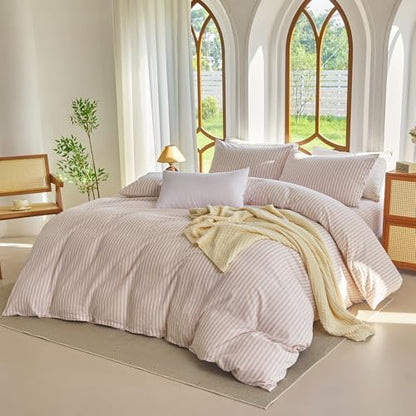 Striped Duvet Cover Set Queen Size 100% Washed Cotton Linen Feel 3 Piece Bedding Set Comfy Breathable (Queen, Classic Stripe-Greyish Pink/White)