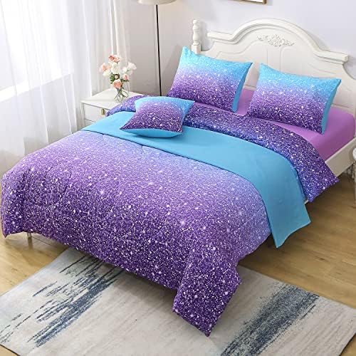 JQinHome Full Blue Purple Comforter Set, 6 Piece Bed in A Bag 3D Colorful Ombre Bedding Set for Girls Women (1 Comforter,2 Pillowcases,1 Flat Sheet,1 Fitted Sheet,1 Cushion Cover)(Blue Purple)
