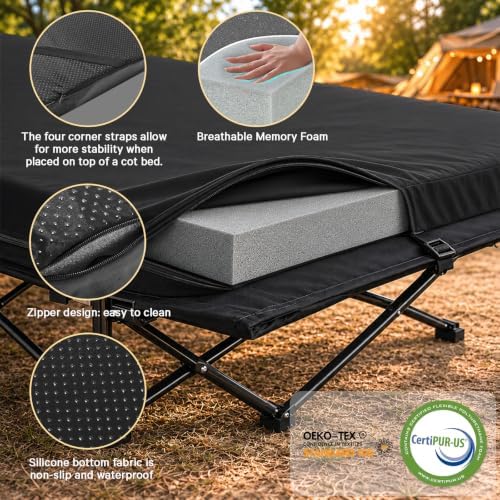 CYMULA Camping Cot Pad 2 Inch Memory Foam, Pad Only,Camping Pad for Folding Cot and Foldable Cot, Portable Roll Up Camp Gear for Car Camping Travel Tent, Non-Slip Waterproof Bottom, Removable Cover