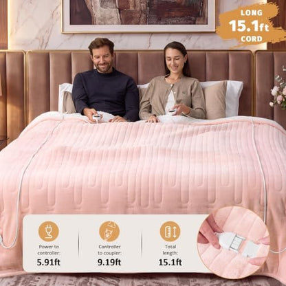 Heated Electric Blanket King, Dual Control, 90" x 100", Light Pink