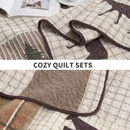 PERHOM Quilt King Size, 100% Cotton King Size Quilt, Lodge Cabin Farmhouse King Quilt, Brown Beige Green Plaid Lightweight Soft Quilted Bedspread Sets for All Season, 3 Pieces