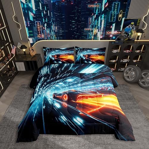 Boys Race Car Bedding Set,Neon Racing Cars Toddler Size Comforter Set for Boys Kids Para Niños,Orange Blue Sports Gaming Comforter for Teens,Cool Sci-Fi Extreme Sports Speed Car Quilt for Room Decor