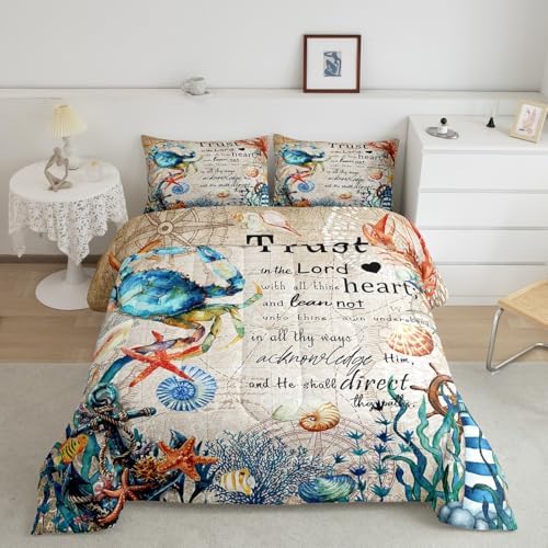 Homewish Crab Coral Starfish Comforter Set Full Size,Nautical Anchor Bedding Set 3Pcs for Kids Girls Boys Teens Room Decor,Ocean Animals Quilt Set Vintage Bible Quotes Duvet Insert,2 Pillowcases