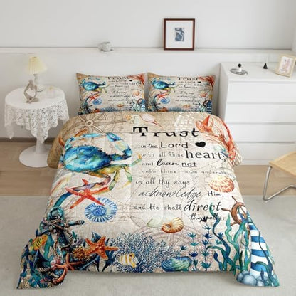 Homewish Crab Coral Starfish Comforter Set Full Size,Nautical Anchor Bedding Set 3Pcs for Kids Girls Boys Teens Room Decor,Ocean Animals Quilt Set Vintage Bible Quotes Duvet Insert,2 Pillowcases