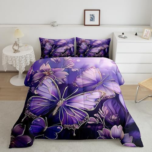 jejeloiu Purple Butterfly Comforter Set King Size Kids Floral Flower Bedding Set for Boys Girls Teens Boho Butterfly Duvet Breathable Animal Quilt Bedroom Decor,1 Comforter with 2 Pillowcase