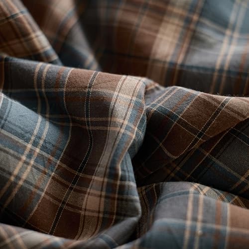Vintage Buffalo Plaid Duvet Cover Queen Size,100% Washed Cotton Blue&Brown Plaid Checkered Comforter Cover with 2 Pillowcases, Farmhouse Grid Bedding Set Breathable Gingham Duvet Cover Set Queen