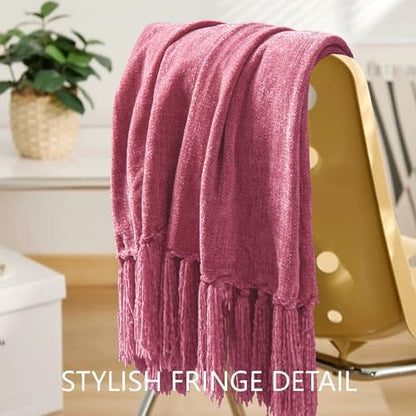 Chenille Throw Blanket for Couch 50" x 60", Rose Pink