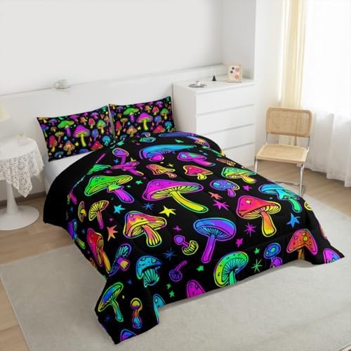 Boys Cute Mushroom Bedding Sets Full Size,Teen Girls Purple Black Hippie Mushrooms Comforter Set Kids Colorful Stars Botanical Bed Comforter Set Wild Plant Bedding Quilt Teal 2 Pillow Cases