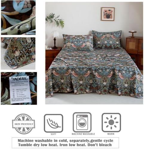 FADFAY Cal King 100% Egyptian Cotton Sheets Set 4 Piece, Luxury Soft Breathable Cooling Bed Sheets, Deep Pocket Hotel Quality Bedding for Hot Sleepers, Botanical Floral Bird Print All Season Comfort