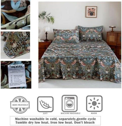 FADFAY Cal King 100% Egyptian Cotton Sheets Set 4 Piece, Luxury Soft Breathable Cooling Bed Sheets, Deep Pocket Hotel Quality Bedding for Hot Sleepers, Botanical Floral Bird Print All Season Comfort
