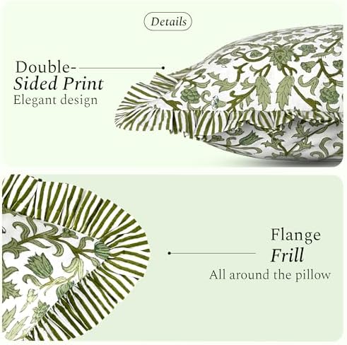 CPC Block Print Meadow Vine Ruffle Cotton Lumbar Pillow Cover 12x20 inch