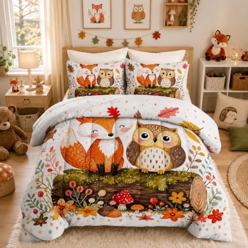 Cute Woodland Fox Owl King Size Comforter Set with 2 Pillowcases.