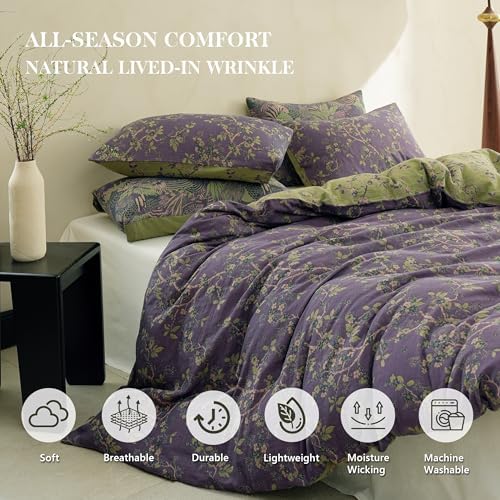 Simple&Opulence Muslin Duvet Cover Set King Size, 100% Washed Cotton 3 Pieces Yarn-Dyed Vintage Purple Floral Jacquard Textured Bedding, Soft & Breathable Gauze Comforter Cover with Zipper Closure