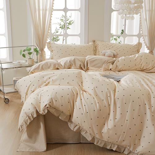 mixinni Floral Duvet Cover Set Queen Size – 100% Cotton 3-Piece Bedding Set with Ruffled Trim, Reversible Vintage Beige Gingham & Strawberry Print, Soft Aesthetic Duvet Cover with Zipper Closure