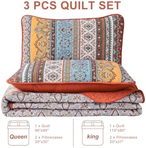 WONGS BEDDING Boho Quilt Queen Size,3 Pcs Bedspread Set, Burnt Orange