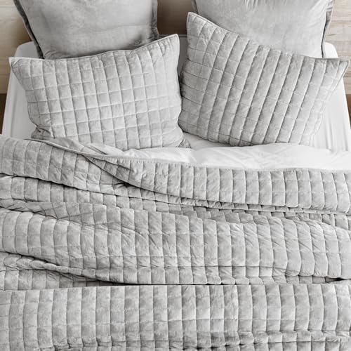 RECYCO Channel Box Stitch Velvet Quilt Set, Twin/Twin XL Size, Frost Gray