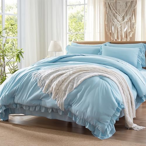 Anluoer Full Size Comforter Sets 7 Piece,Ruffle Bed in a Bag Bedding Sets