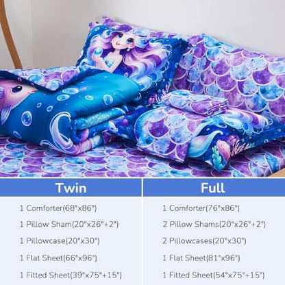 Viviland Kids Bedding Set Twin Size Comforter Sets, Bed in Mermaid Cover Set for Children