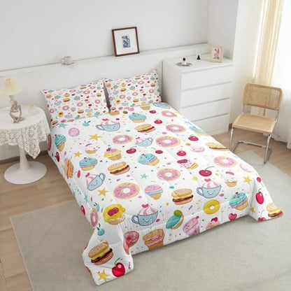 Homewish Cute Donuts Comforter Set,Ice Cream Bedding Set for Kids Girls Boys,Teens Adults Cherry and Cake Comforter,Sweet Theme Quilted Duvet Set Bedroom Collection Twin Size 2Pcs